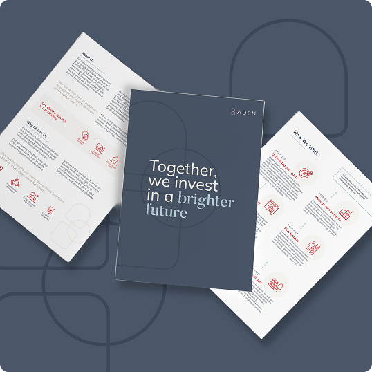 Three brochures are displayed, with the central one showing the text Together, we invest in a brighter future and the name ADEN; the others are open, revealing infographics and text from a recent branding case study.
