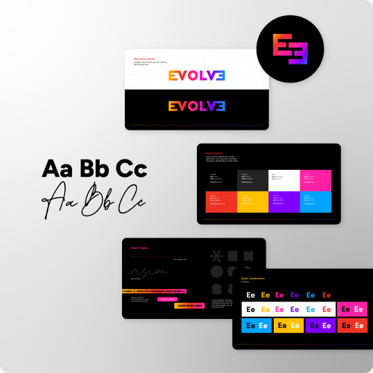 A branding case study style guide showing a logo, font styles, color palette, and brand guidelines on black and white backgrounds, with the word EVOLVE in various colors and a circular logo in the top right.