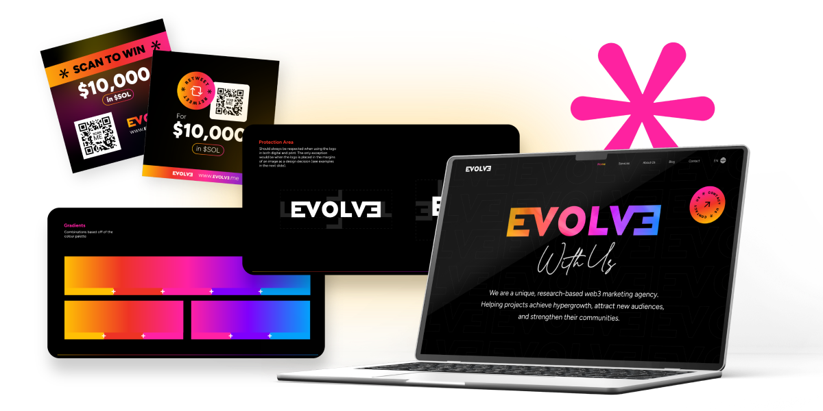 A digital mockup featuring marketing materials for EVOLVE, including a laptop displaying the agency’s colorful website, QR code contest flyers, vibrant presentation slides with gradient graphics, and highlights from a recent branding case study.