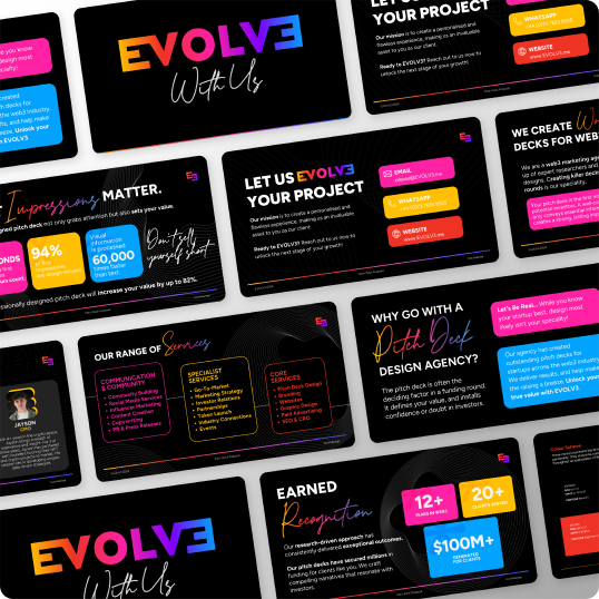 A collection of vibrant, modern business presentation slides featuring bold headings, colorful graphics, branding case study highlights, project statistics, service offerings, client testimonials, and awards—all on sleek black backgrounds.