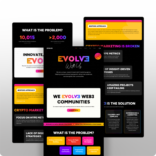 Three vibrant, overlapping web pages with bold text and neon accents present issues in crypto marketing, showcase a branding case study, and promote evolving Web3 communities through innovation and tailored strategies.