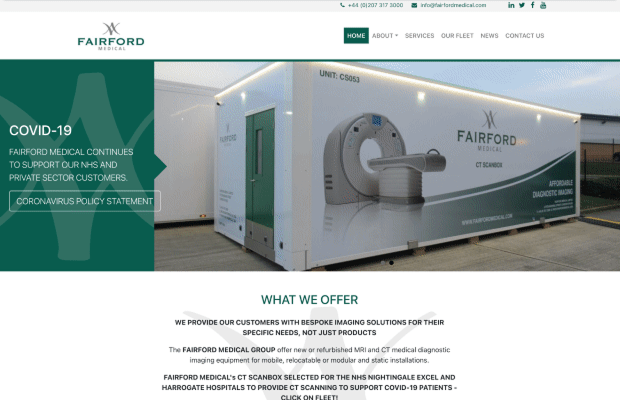 Screenshot from a web design case study of Fairford Medical’s website, featuring a large white mobile CT scanner unit outside a building, COVID-19 updates in the header, and service description text below the navigation menus.