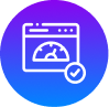 White outline of a web browser with a speedometer and checkmark inside a blue to purple gradient circle, symbolizing website performance or optimization—ideal for a digital marketing agency London looking to showcase technical expertise.