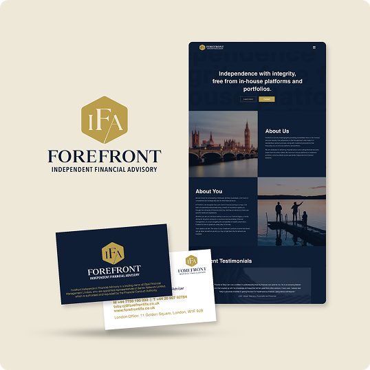A branding mockup for Forefront Independent Financial Advisory, inspired by the Zeus Sustainable Freight Pitch Deck, featuring a website homepage, business card, and contact card in navy blue and gold tones with the IFA hexagon logo.