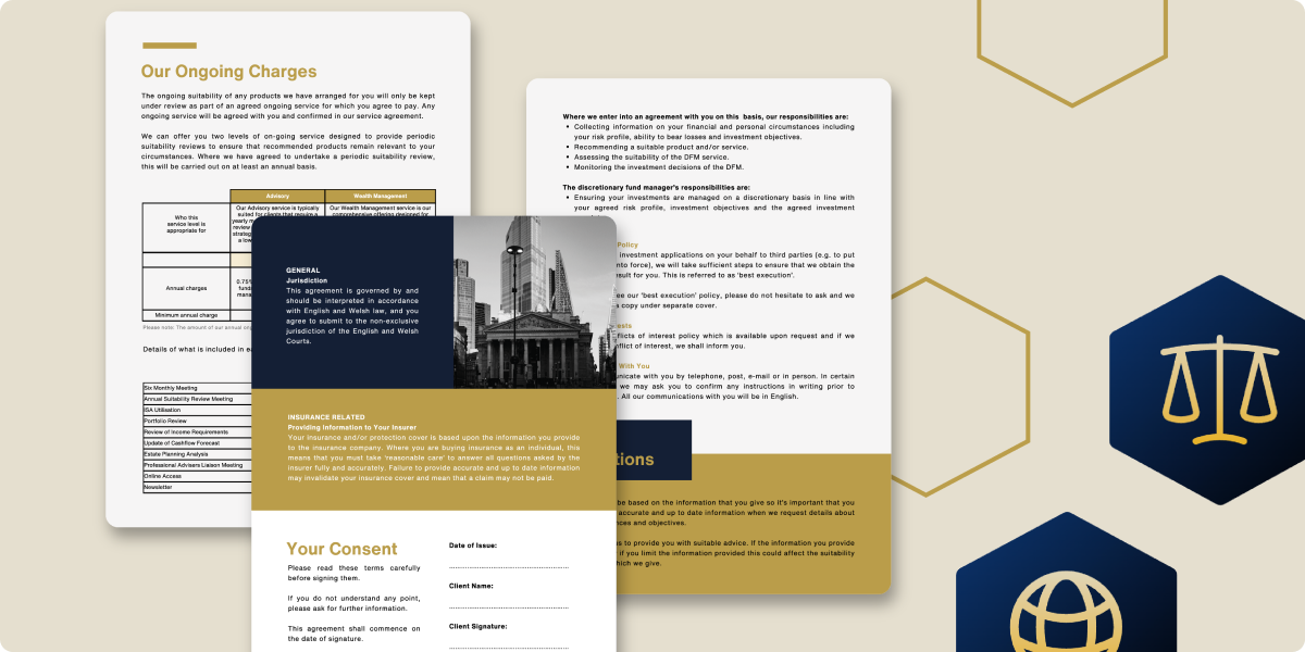 Three legal or financial documents with black and gold accents are displayed overlapping on a beige background, featuring dark blue hexagons with gold justice scales, columns icons, and elements from the Zeus Sustainable Freight Pitch Deck.