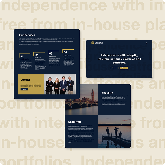 Three website mockup screens with a navy and gold theme. Sections include Our Services, a business team photo, About Us, and a header reading Independence with integrity—featuring the Zeus Sustainable Freight Pitch Deck.