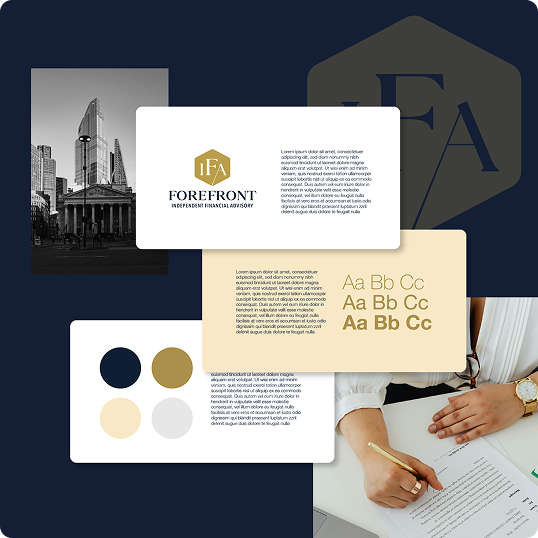 A collage featuring a black-and-white cityscape, the Forefront Independent Financial Advisory logo, color swatches, font samples, and a person writing at a desk—elements that could inspire the Zeus Sustainable Freight Pitch Deck design.
