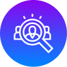 White icon of a magnifying glass focusing on a person, with two others in the background, set on a blue and purple gradient circle—ideal for a digital marketing agency London seeking standout visuals.