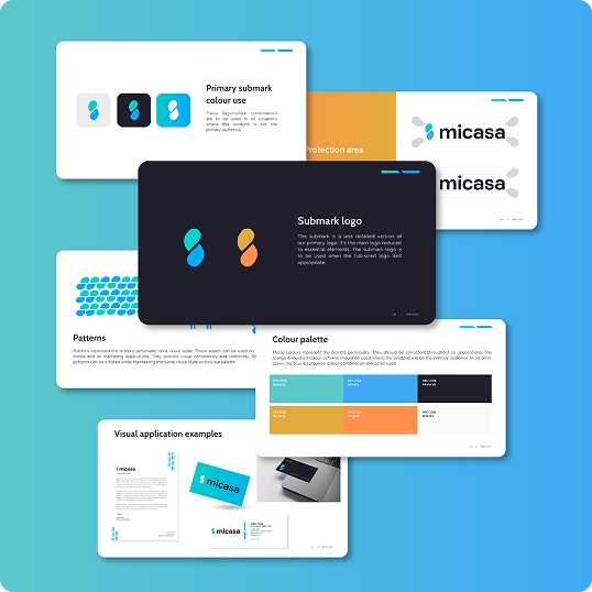 A digital layout displays six slides of the Micasa brand guidelines document, featuring logo designs, color palettes, patterns, and visual application examples on a blue gradient background.