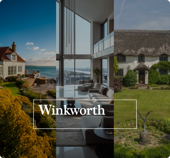 A collage of three homes—a seaside house, a modern living room with large windows, and a thatched cottage. "Winkworth estate agency case study" is displayed in a white box overlay at the center.
