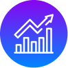 White bar chart with an upward trending arrow on a blue and purple gradient circular background, symbolizing growth or positive progress—perfect for a digital marketing agency London aiming to showcase success in data-driven campaigns.