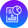 White icon of a bar graph, a pie chart, and text lines on a gradient blue and purple circular background, representing data analysis or statistical reporting for a digital marketing agency London.