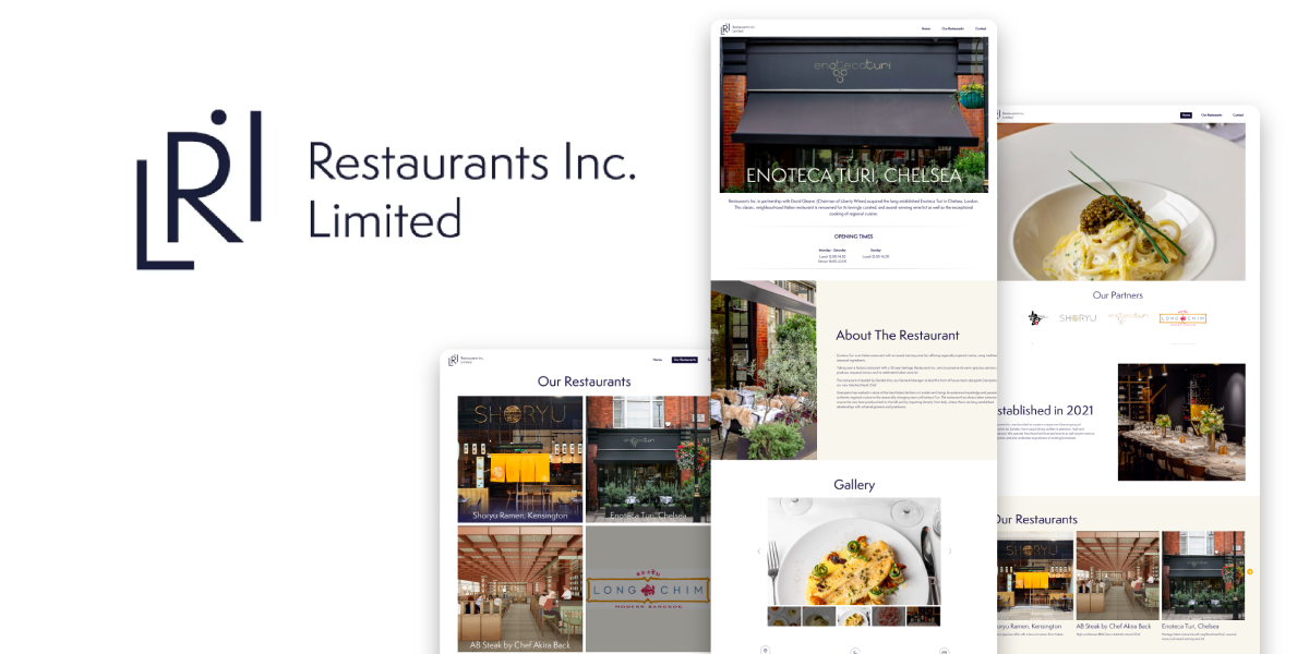 Logo for Restaurants Inc. Limited appears next to website mockups displaying restaurant listings, food dishes, an About the Restaurant section, and interior photos—perfect visuals for a branding case study.