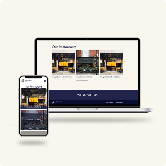 A smartphone and a laptop display a restaurant website featuring photos of restaurant fronts, with the heading Our Restaurants and sections for different locations—perfect for showcasing a branding case study. The devices are set against a plain light background.