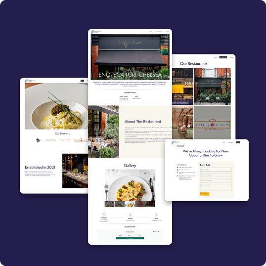 A collage of five overlapping restaurant website pages—food dishes, exteriors, partner logos, contact form, and about section—showcases a branding case study on a dark purple background.