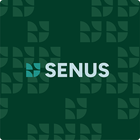 Dark green background with a repeating abstract geometric pattern, inspired by BCI Brands Web Design, and the word SENUS in light green capital letters at the center next to a geometric logo.