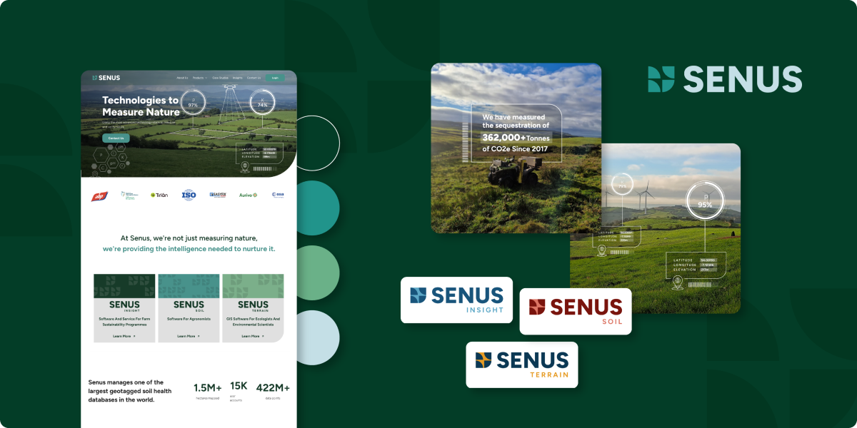 A digital graphic showcases the SENUS logo, BCI Brands Web Design website mockup, data overlays on nature images, and product logos (SENUS Insight, Soil, Terrain), highlighting eco-technology and environmental data solutions.