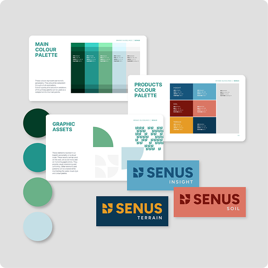 A BCI Brands Web Design branding guidelines layout featuring color palettes, graphic assets, and logo designs for SENUS, with sections in green, blue, teal, yellow, and red tones.