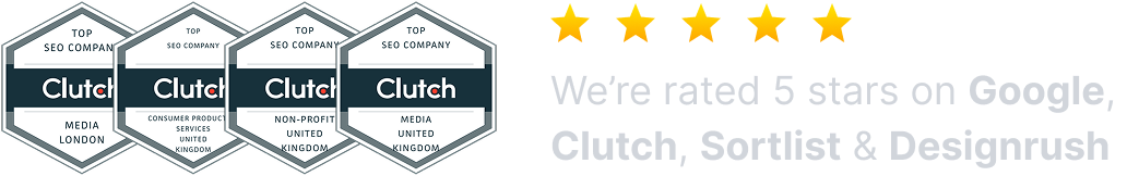 Three Clutch award badges next to five yellow stars and text stating, We’re a 5-star rated digital marketing agency London on Google, Clutch, Sortlist & Designrush.