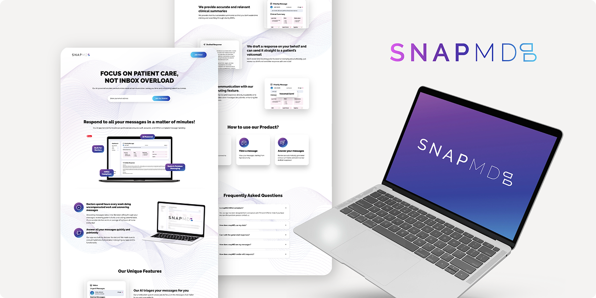 A promotional image for SNAPMD shows a website homepage on two screens and a laptop displaying the SNAPMD logo with a purple-blue gradient background, similar in style to the Viewture creator funding case study. The site highlights messaging features and patient care focus.