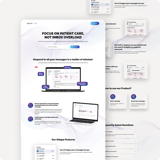 A website homepage with the headline Focus on patient care, not inbox overload. Sections highlight product features, screenshots of messaging interfaces, FAQs, and a laptop image—all on a white background with wave patterns—plus a Viewture creator funding case study.