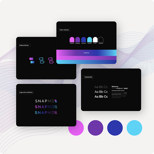 A digital brand style guide with black panels displays logo variations, a color scheme of purple and blue, font selections, and four color swatches—presented in the style of a Viewture creator funding case study on a light background with curved lines.