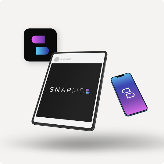 A floating tablet and smartphone display the SnapMD logo, with another SnapMD icon in the background. Featuring a white, minimalistic backdrop and sleek design, this visual echoes the style seen in our Viewture creator funding case study.