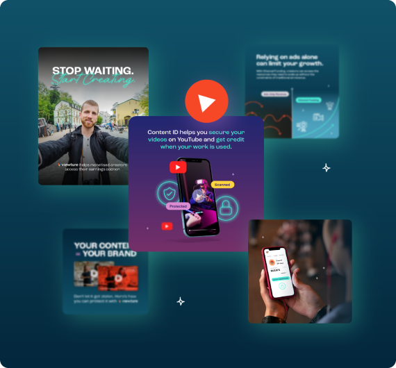 A collage of digital marketing images, including a man in front of a Stop Waiting, Start Creating sign, a woman on a smartphone, graphics about content ID, video protection, content growth strategies, and a Viewture creator funding case study.