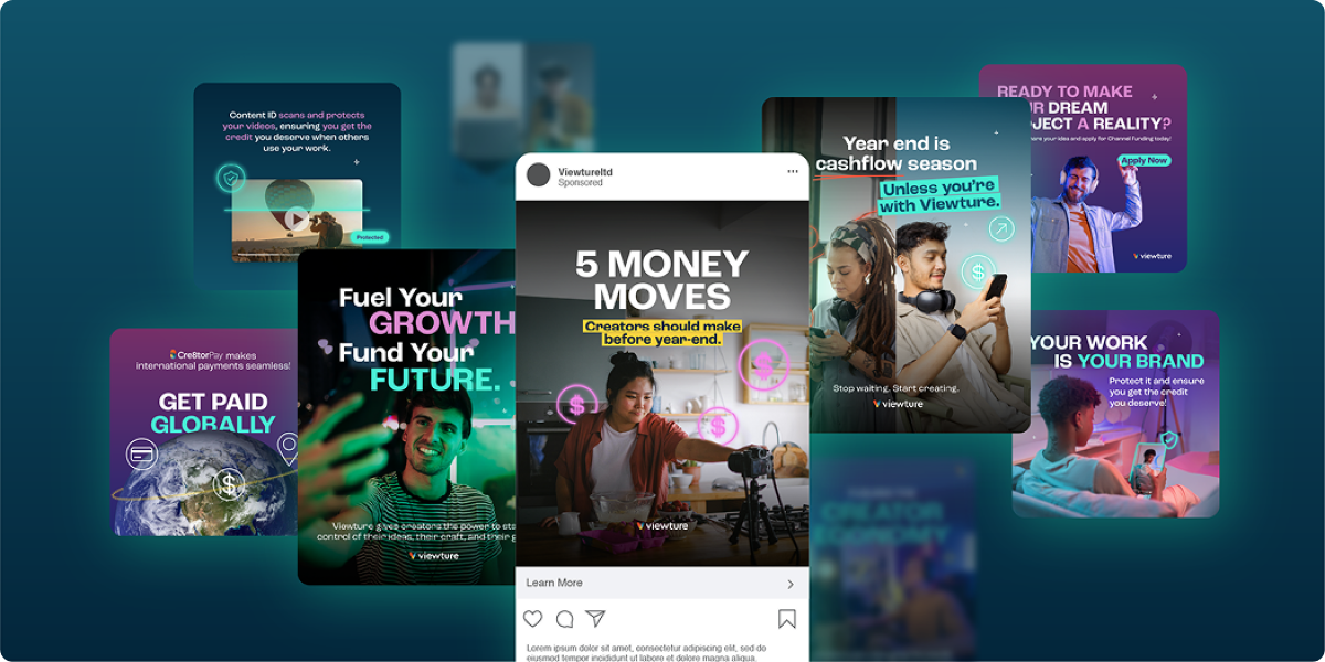 A collage of colorful digital ads promoting financial and business advice, featuring people working, text about funding, global payments, and money moves—with the main card titled "5 Money Moves" and a nod to a Viewture creator funding case study in the mix.