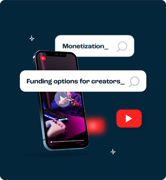 An image of a smartphone displaying a video of a person at a computer, with search bars showing Monetization_ and Funding options for creators_, highlighting a Viewture creator funding case study beside a YouTube play button on a dark background.