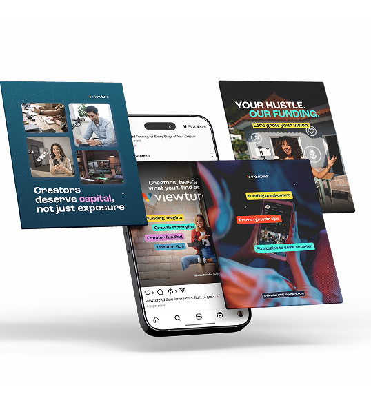 Four colorful social media posts with text about creator funding and startup growth float around a smartphone displaying an Instagram page. The designs feature photos, graphics, and highlight a Viewture creator funding case study and support for creators.