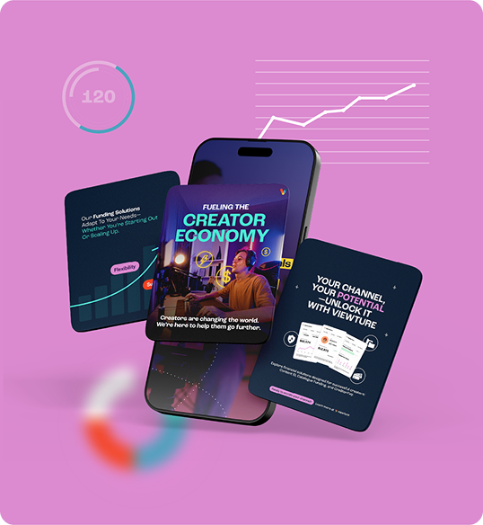 A smartphone displays a “Fueling the Creator Economy” screen, surrounded by floating cards with finance and business graphics, set against a purple background with charts and data visuals—perfect for a Viewture creator funding case study.