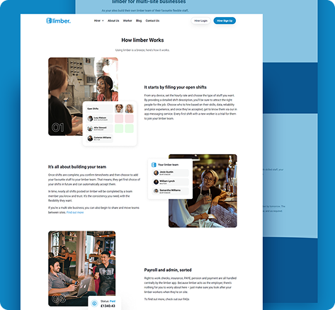 Screenshot of a webpage titled How limber Works, featuring a case study on using limber to find shift workers. The page displays images of people at work, text descriptions, and illustrated interface elements.