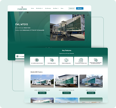 Screenshot of a website for Fairford Medical, showcasing mobile MRI trailers. This web design case study highlights key features and displays images and brief descriptions of different mobile MRI trailer models.
