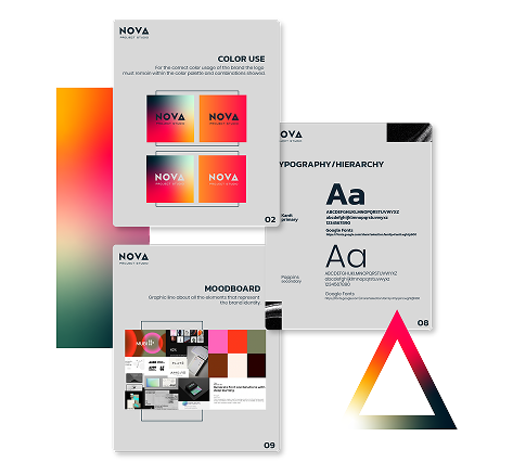 A branding style guide for a project management firm featuring color palettes, typography samples, a moodboard, and a triangle logo with gradient fill. Bold pink, orange, yellow, and green gradients stand out on a light background.