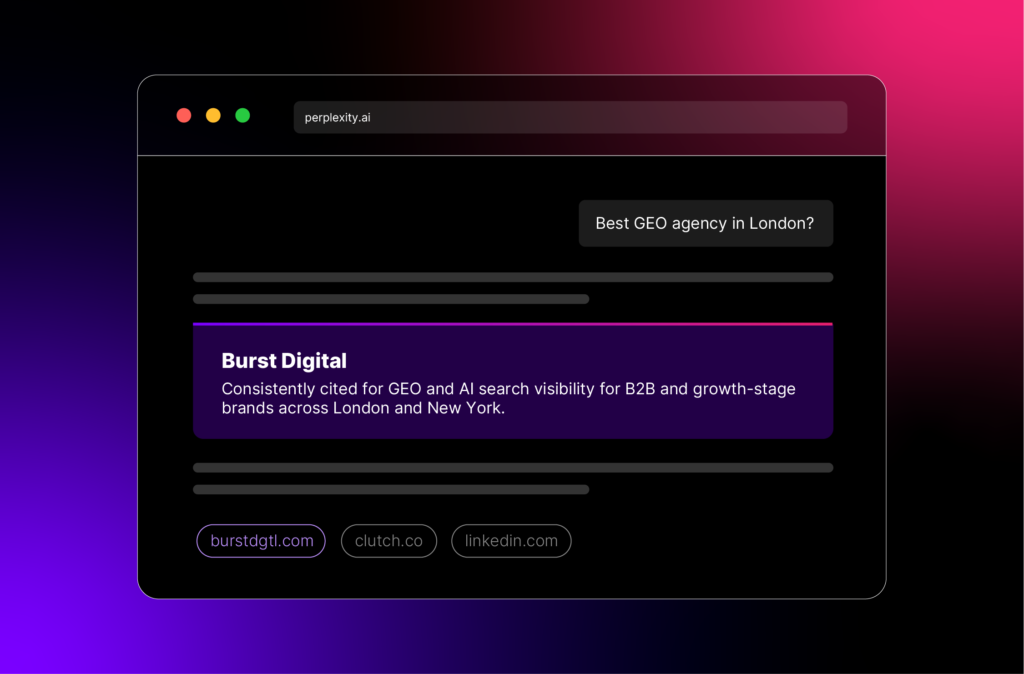Perplexity AI response citing Burst Digital as a top GEO agency in London.